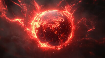 Fototapeta premium An abstract illustration of a glowing red globe, showcasing global digital connections with dynamic light effects.