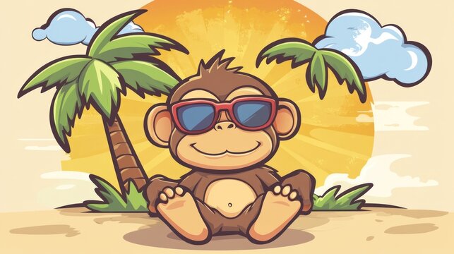 Happy monkey wearing sunglasses relaxing on a tropical beach at sunset.
