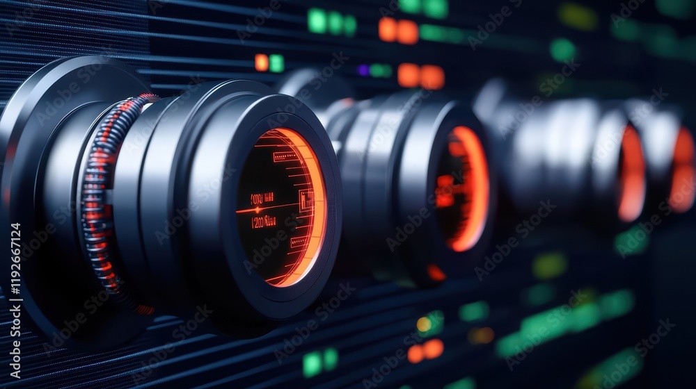 Poster high-tech data monitoring display with neon elements and depth