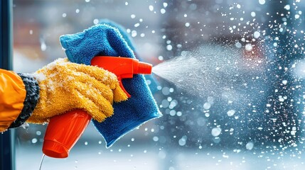 Person spraying cleaning solution on glass surface in urban environment cleaning action clear viewpoint for effective window care