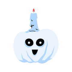 White Pumpkin With A Lit Candle On Top Symbolizing Light, Halloween, And Festivity, In Flat Vector Illustration, Isolated On White Background.