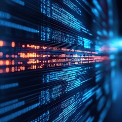 Obraz premium A vibrant digital abstract depicting streams of data in blue and orange hues, representing technology and information flow.