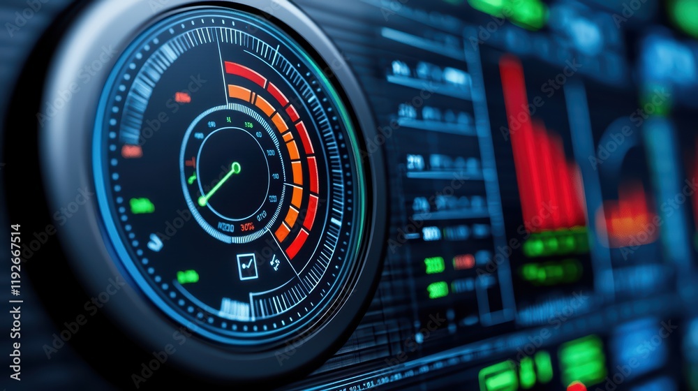 Poster futuristic digital dashboard display with various data metrics
