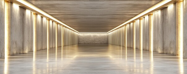 Fototapeta premium Timeless concrete corridor with mirrored floors and rhythmic patterns, capturing the essence of symmetry and modern elegance