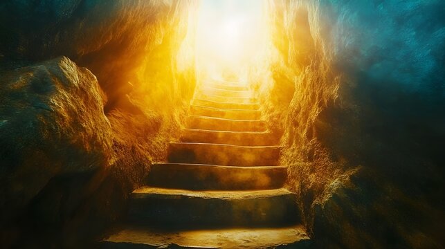 A captivating view of a shimmering golden staircase leading to a bright, ethereal light above, representing the pathway to achievement and the realization of dreams. 