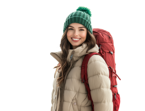 Smilling woman in winter clothes with red backpack isolated on white
