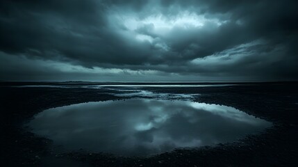 Fototapeta premium A moody reflection of ominous storm clouds in a shallow puddle, surrounded by wet ground, capturing the intensity and inner turmoil suggested by the darkened sky. 