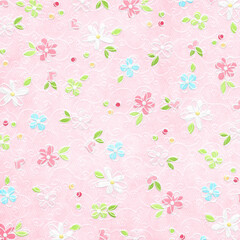 Pink embossed floral seamless pattern with white, blue, and green blossoms, perfect for feminine fabric, baby products, wrapping paper, and soft decor.
