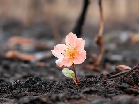 A single flower blooming amidst the ashes, a delicate burst of life against the burnt soil, signifying hope and strength in the face of devastation.