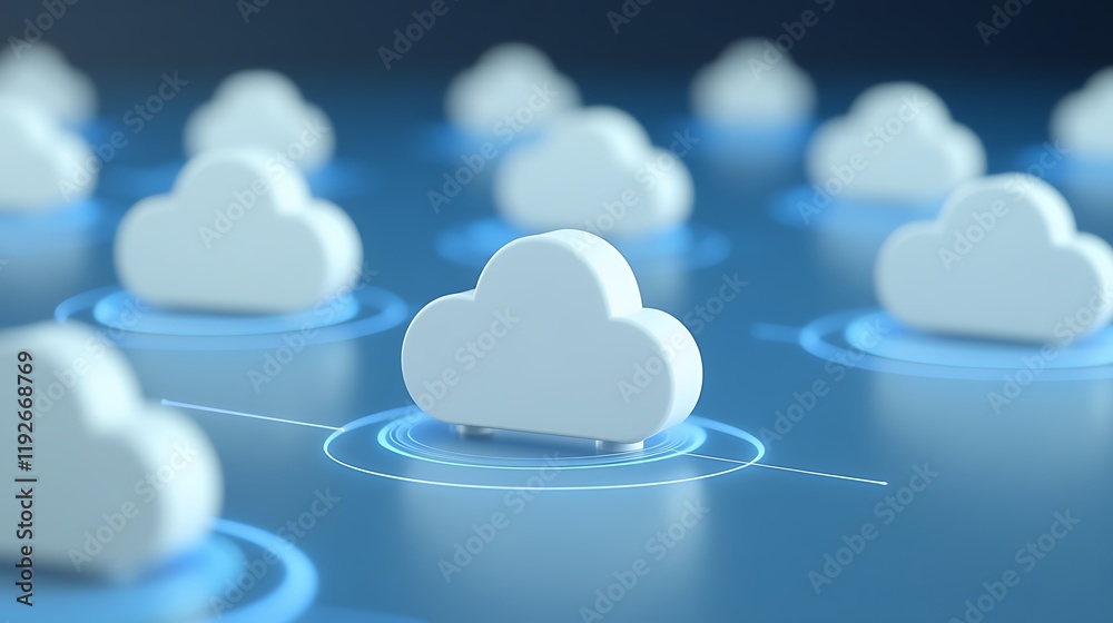 Poster simplified cloud computing concept with multiple 3d clouds and circular network connections in blue 