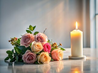 Still Life: Burning Candle and Roses on White Table - Documentary Photography Style