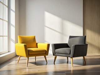 Stylish Black & Yellow Armchairs in Minimalist Empty Room - Modern Interior Design Stock Photo