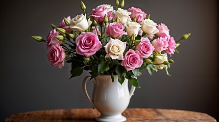 Obraz premium A stunning arrangement of pink and white roses sits in a white vase on a rustic wooden table