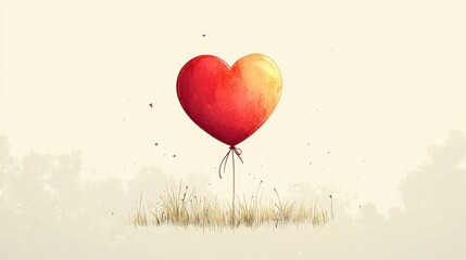 Vibrant Heart-Shaped Balloon Floating Above Green Grass Meadow