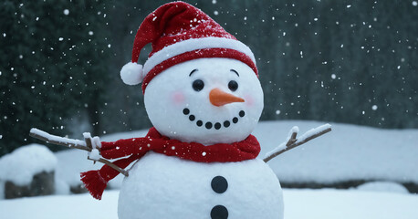 Close-up view of a cheerful snowman wearing a red muffler, capturing the joy of winter festivities. Perfect for Christmas, winter decor, and holiday-themed visuals.