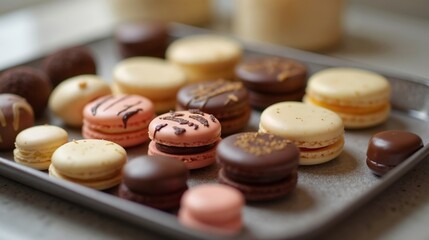Colorful assortment of macarons displayed on a metal tray in a cozy kitchen setting