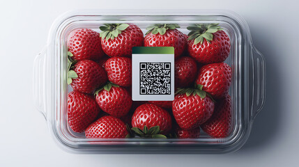 Fresh strawberries in a transparent plastic container with a QR code label, Fresh strawberries in packaging with QR code
