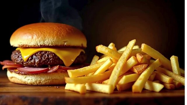 A delicious cheeseburger, still steaming from the grill, is served with a generous portion of crispy golden french fries on a dark wooden table. A perfect pairing of a tasty burger and fries.