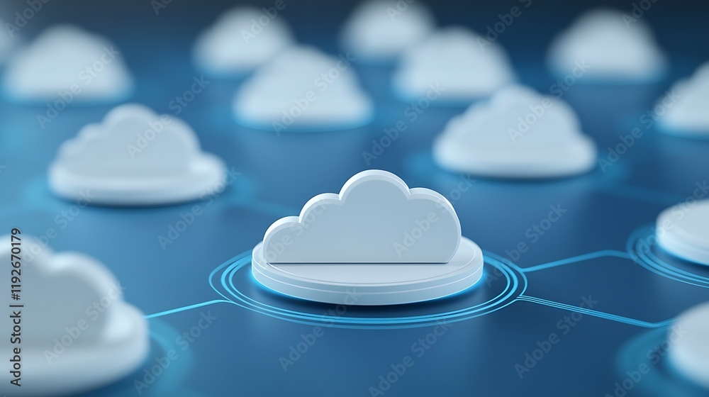 Poster white cloud icons on digital background representing cloud computing and network technology concepts