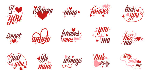 Set of love Valentine lettering calligraphic badges