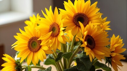 Fototapeta premium Bright sunflowers arranged in a bouquet showcasing their vibrant yellow petals indoors