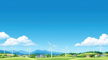 Obraz premium Scenic rural landscape with wind turbines and blue sky background