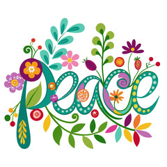A funky vine spelling out Peace with colorful blooms