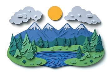 Obraz premium Colorful paper cut landscape with mountains, lake, and forest