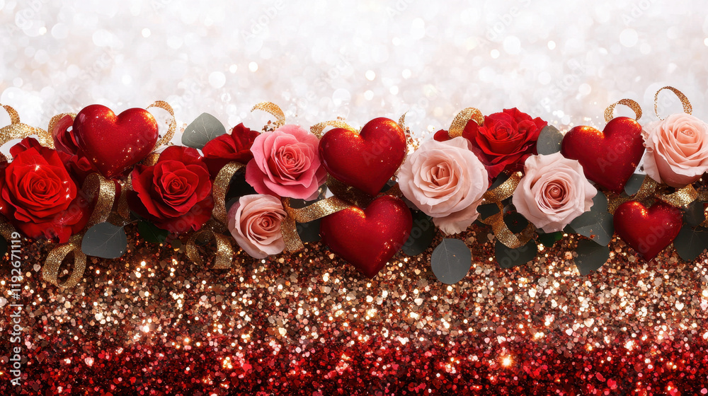 Wall mural beautiful romantic backdrop featuring red and pink roses, sparkling hearts, and golden ribbons, perfect for celebrations and special occasions