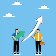 Business or career strengths are analyzed and compared to improve progress and enhancement, taking a short arrow and comparing it to another businessman holding a long arrow