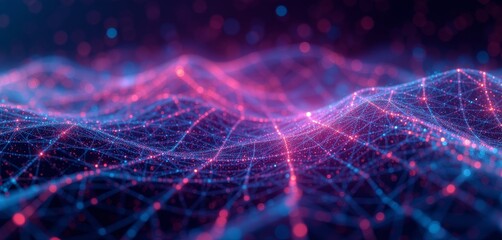 Glowing network of pink and blue nodes on dark background