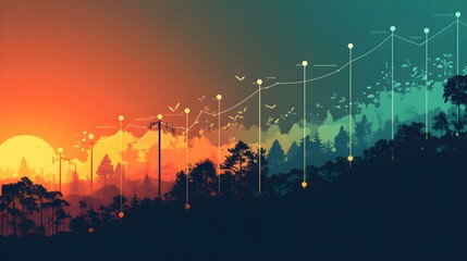 A conceptual image of a graph showing the reduction of carbon emissions over time, with green energy sources like solar and wind marked as key factors in achieving net-zero carbon impact. 