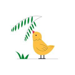 Yellow Chick Under Leaf In Flat Vector Illustration Symbolizing Nature, Poultry, And Rural Farm Life, Isolated On White Background.