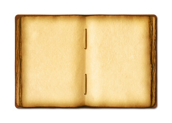 Old open medieval book with worn parchment pages. Isolated on transparent background