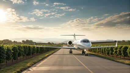 A private jet taxis along a scenic vineyard road under a picturesque sky, embodying luxury travel and beautiful landscapes.