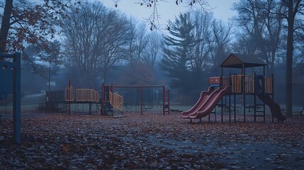 A deserted playground with worn slides and empty swings, bathed in the soft, dim glow of dusk. The muted colors and long shadows evoke a feeling of nostalgia and a bittersweet reminder of childhood 
