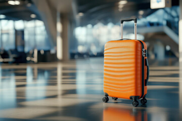 Orange suitcase in the empty airport terminal