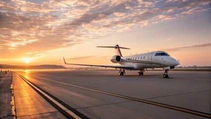A private jet is parked on a runway during a stunning sunrise, with clouds illuminating the sky in warm tones.