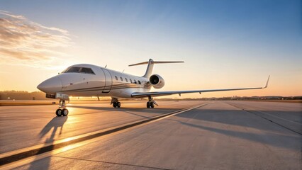 A sleek private jet parked on an airport runway during sunset, showcasing its elegant design against a vibrant sky.