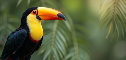 Obraz premium Toucan perched on a rock with blurred foliage background