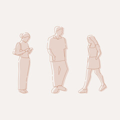 flat minimal people male and female vector illustration in spring summer clothing concept isolated set collection. Outline with silhouette shadow. For architecture, design, info graphic, media