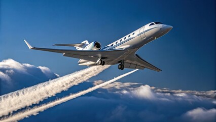 Obraz premium A sleek private jet soars through a clear blue sky, leaving behind white contrails amidst fluffy clouds.