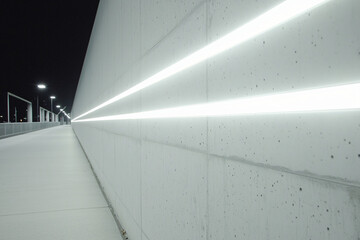 white LED strip creating geometric pattern, installed on textured wall with dramatic night-time exposure