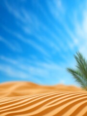 Serene desert landscape bright sunlight bathes gently rolling sand dunes lone palm tree stands tall. AI Generated