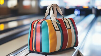Striking vintage striped bag rests at a bowling alley with blurred lanes in background