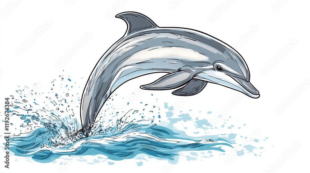 Aufkleber stylish illustration of a dolphin leaping from the oceans surface in a vibrant and playful manner. g