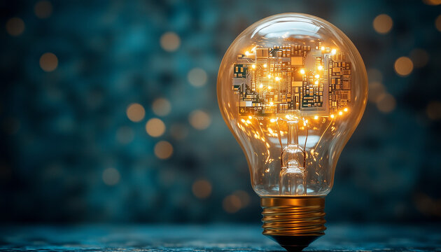 glowing lightbuld with a circuit board in side on abstact background