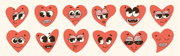 Fototapeta premium Retro Cartoon Hearts Emoji Set. Cute groovy 60s-70s hippie characters style in various emotions and poses. Valentine's Day. Vector illustration
