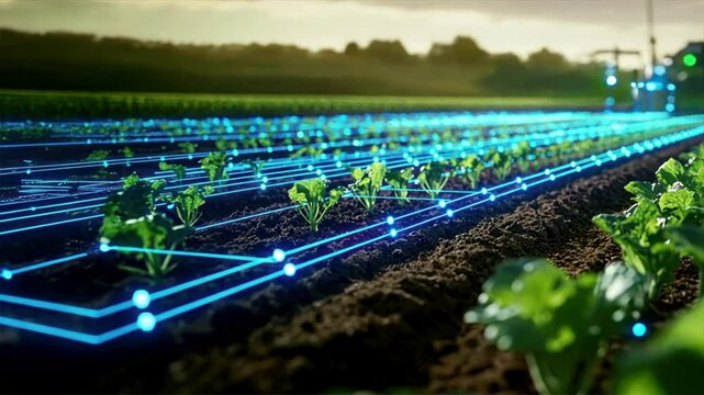 Rows of crops in a farm field connected by a blue wire mesh, Represents advancements in autonomous farming, autonomous tractors, and connected agriculture systems