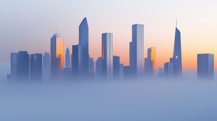 Fototapeta premium City skyline shrouded in morning fog at sunrise.